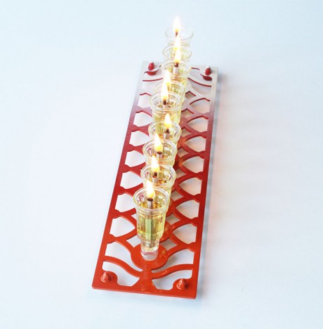 Rectangle Hanukkah Menora- Dark Red, Orange & white